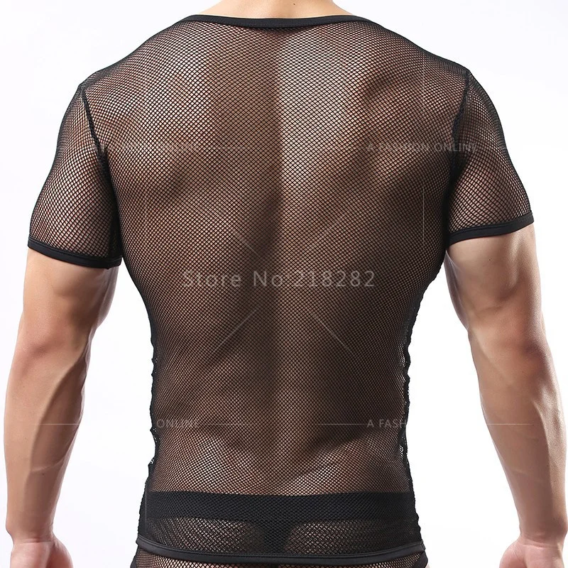Летние сексуальные мужские сетчатые топы, рубашки, плюс размер XL, с вырезами, футболки, дышащие эластичные дышащие футболка, нижнее белье для геев