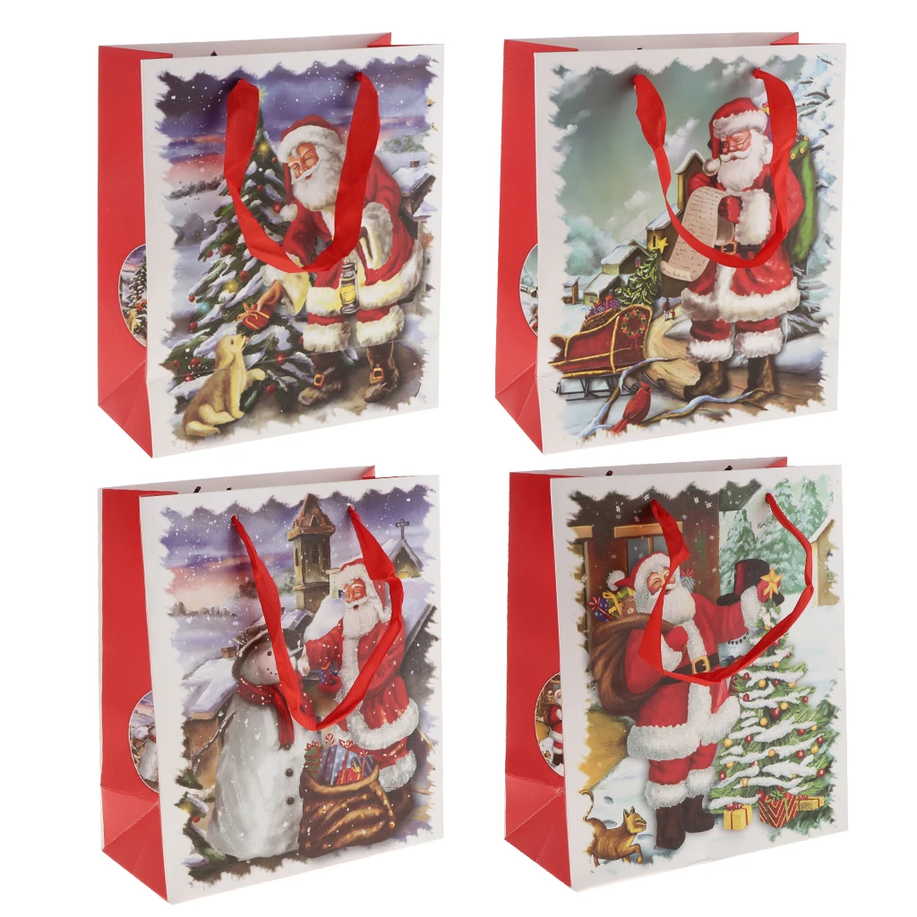 12pcs Christmas  Santa Claus Deer Snowflake Paper Gift Bags Handle Tote Bags Party Favor