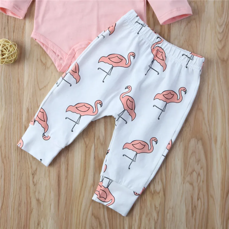 Комплект одежды для маленьких девочек из 3 предметов, милые розовые топы с рюшами и длинным рукавом+ брюки с изображением фламинго+ повязка на голову, одежда для малышей