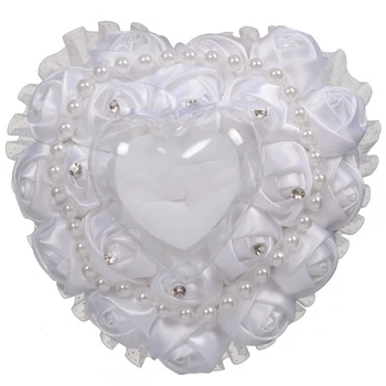 

Lovely Heart-Shaped Ring Pillow Rose Flowers Rhinestone Pearls Ring Bearer Pillow Cushion Wedding