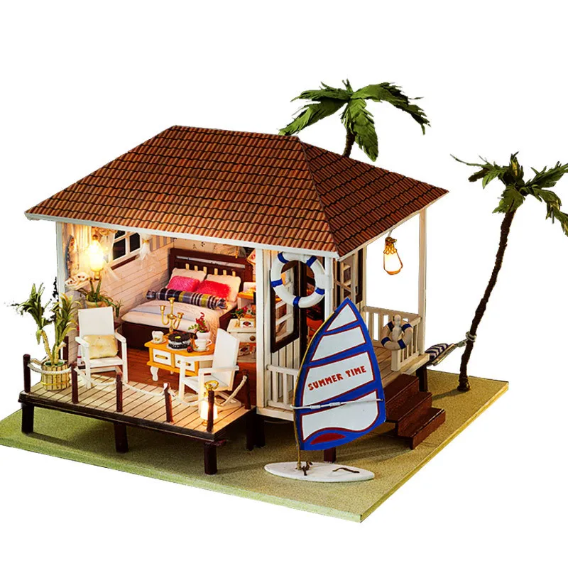 

iiecreate K-005H Seaside House DIY Dollhouse Model With Furniture Music Cover Light Miniature Gift