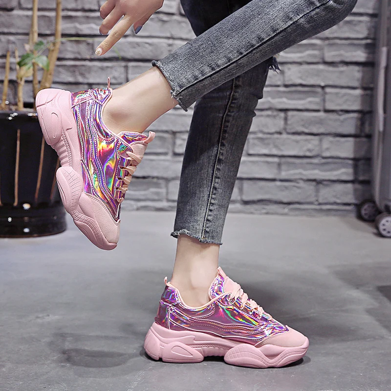 

2019 Women Chunky Leather Sneakers Gold Vulcanize Red Female Shoe Fashion Wedges Ladies Sneaker Lace Up Leisure Footwears Basket