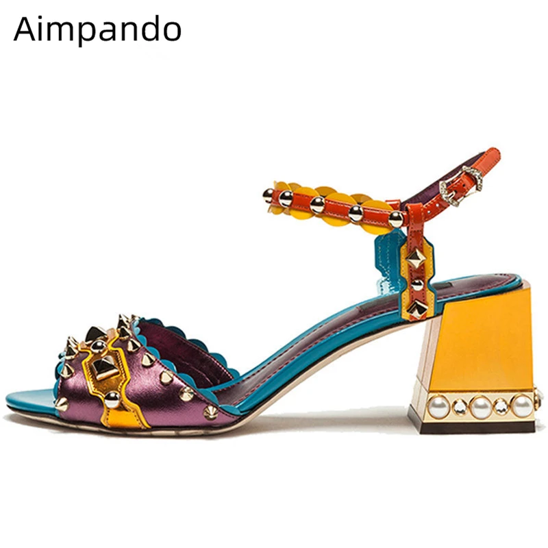 

Mixed Color Ankle Strap Gladiator Sandals Women Pearl Crystal Chunky Heel Open Toe T-strap Rhinestone Rivet Summer Shoes Woman