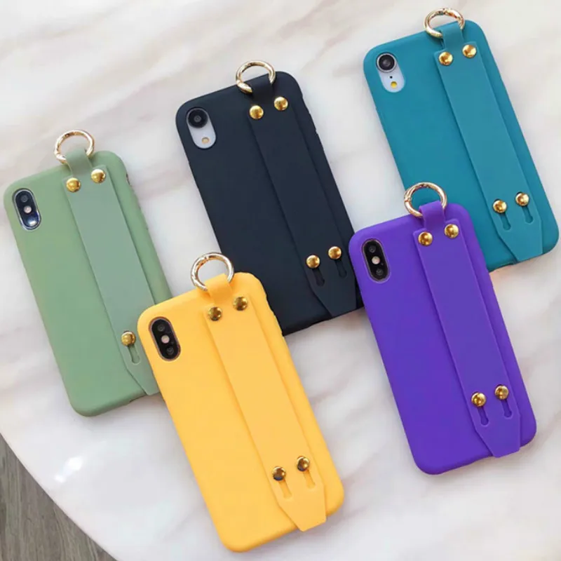 

For iPhone 6 6S 7 8 Plus Simple Candy Color Wrist Strap Hand Band Holder Soft Silicone Case For iPhone X XR XS MAX Plain Cover