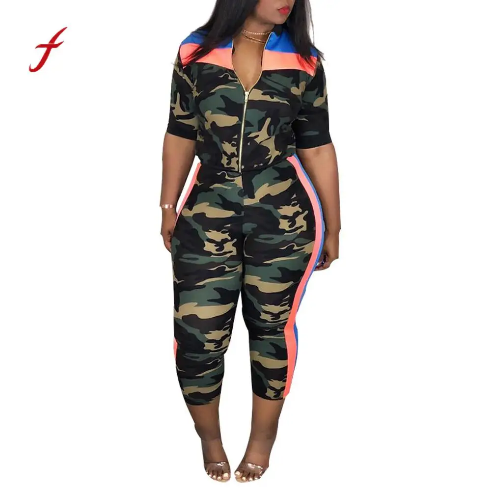 

Feitong Summer Women Clothing Set Zipper Camouflage Stripe Tops half sleeve Loose Coat+Camisole Long Pants 3 Pcs Outfit Set /PY