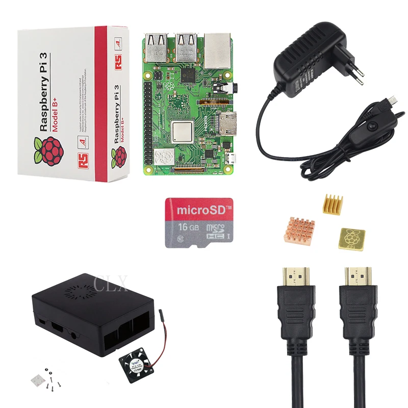 

Raspberry Pi 3 Model B+ Starter Kit + Case + 16GB Card + 5V 3A Power Adapter + HDMI Cable + Heat Sink+fan for RaspberryPi 3B+