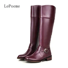 Leder Schnalle Lange Stiefel 2015 Party Mit Knie Stiefel Winter Verdicken Damen Schuh mit Niedrigen absätzen Plus Größe Leder Schnalle lange Stiefel
