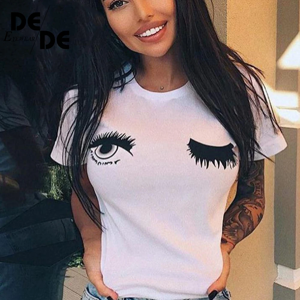 

Eyelash Red Lip Print T Shirt Women Short Sleeve O Neck Loose Tshirt Harajuku Blink Eyes Tshirt 2019 Summer Women Tee Shirt Tops