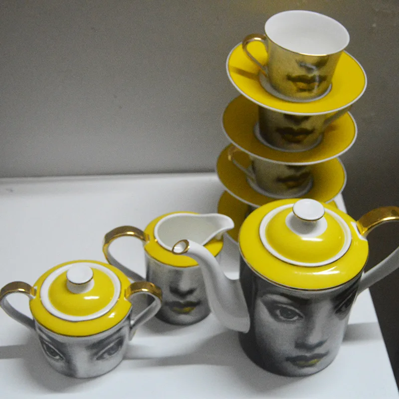 

Vintage Fornasetti Gold Coffee Set Teapot Sugar Pot Milk Jug Ceramic Coffee Cup Sets Teacup Drinkware Kitchen Home Decor Gift