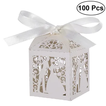 

100pcs Couple Design Luxury Lase Cut Wedding Sweets Candy Gift Favour Boxes with Ribbon Table Decorations (White)