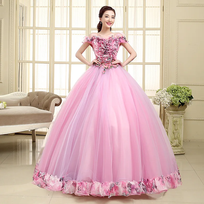 Розовые Бальные платья ручной работы с цветами г.; бальное платье с открытыми плечами для девочек; милое гофрированное платье 16; Vestido De 15 Anos
