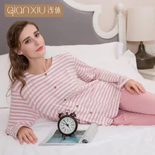 Qianxiu женское Новое поступление пижамный комплект из чистого хлопка кардиган полосатая Пижама Женская Удобная Пижама женская домашняя одежда