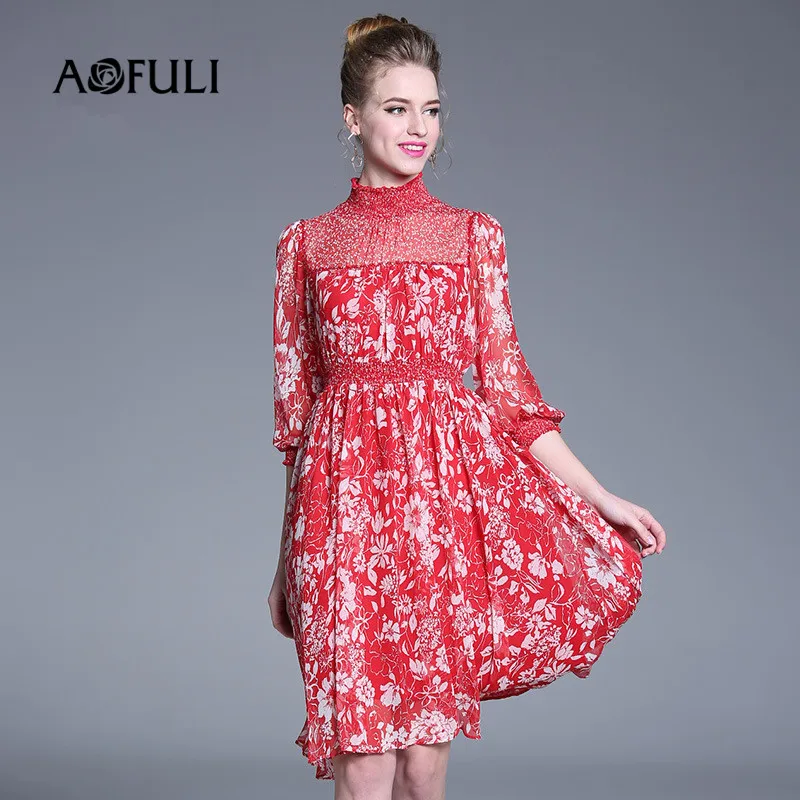 

AOFULI Brand Summer Dress Plus size L- XXXL 4XL 5XL 2019 Women 3/4 Sleeve Stand Collar Red Floral Runway Elegant Chiffon Dresses