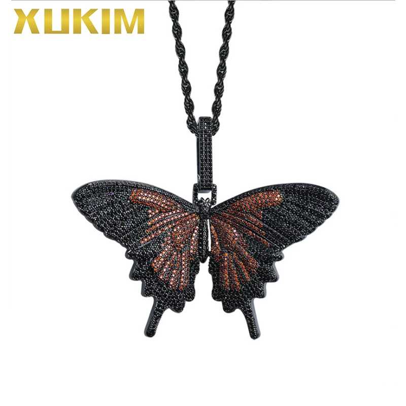 

PH049-O Xukim Jewelry Men Women Hip Hop Iced Out Colorful Silver Gold Butterfly Pendant Necklace
