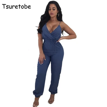 

Tsuretobe Summer Blue Denim Sexy Backless Jumpsuit Women Sleeveless Off Shoulder Bandage Jumpsuit Casual Loose Overalls Female