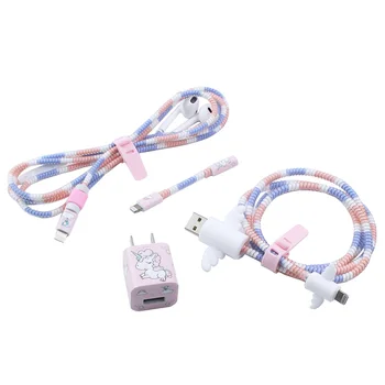 

Angel's Wings cartoon USB Cable Earphone Protector Set With Cable Winder Stickers multicolored Spiral Cord Protector For iphone