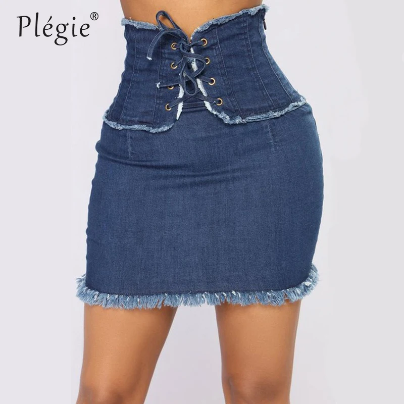 

Plegie Denim Skirt High Waist A-line Mini Skirts Women 2019 Summer Lacing Up Slim Waist Pockets Blue Jean Skirt Style Saia Jeans