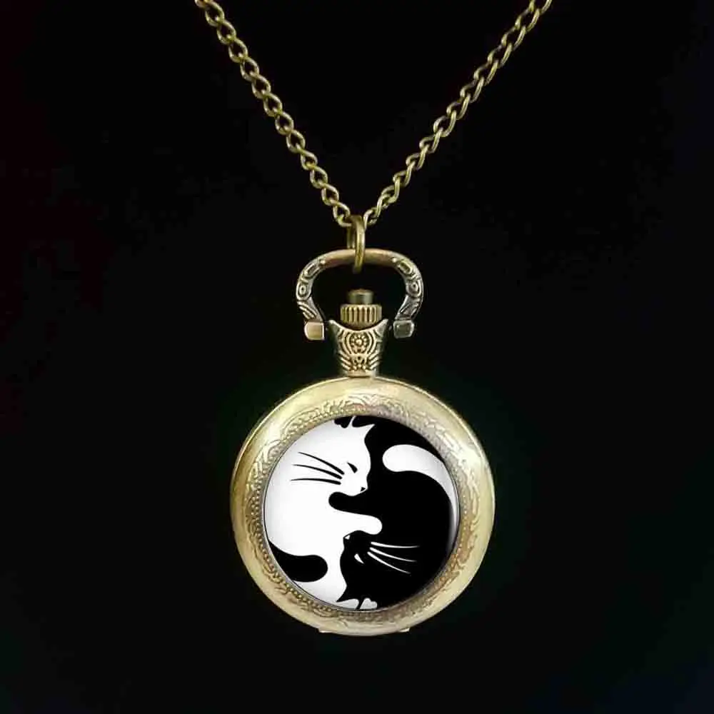 

Vintage Two Yin Yang Cats pocket watch Kolye Cabochon Long Chain Statement pocket watch For Fashion Women Men