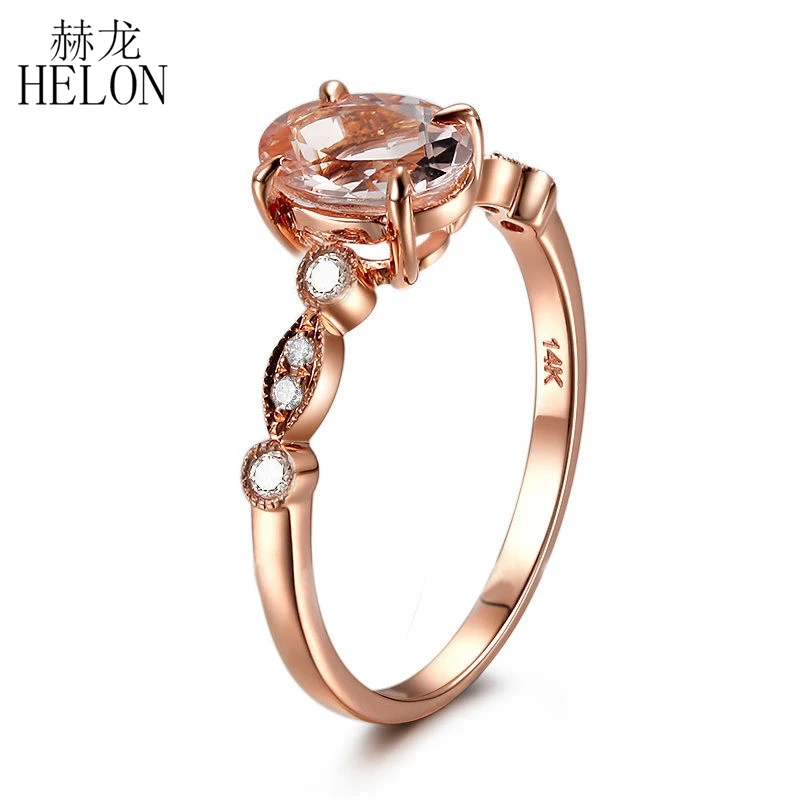 HELON Solid 14 K розовое золото 6x8mm овальным вырезом Помолвочные, из марганита Бриллиантами Кольцо Для женщин свадебные Античный Декор модные