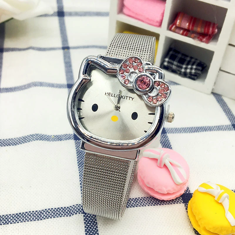

Women's Watches Hello Kitty Watch Luxury Fashion Ladies Silver Stainless Steel Cute Wristwatch Crystal relogio feminino relojes