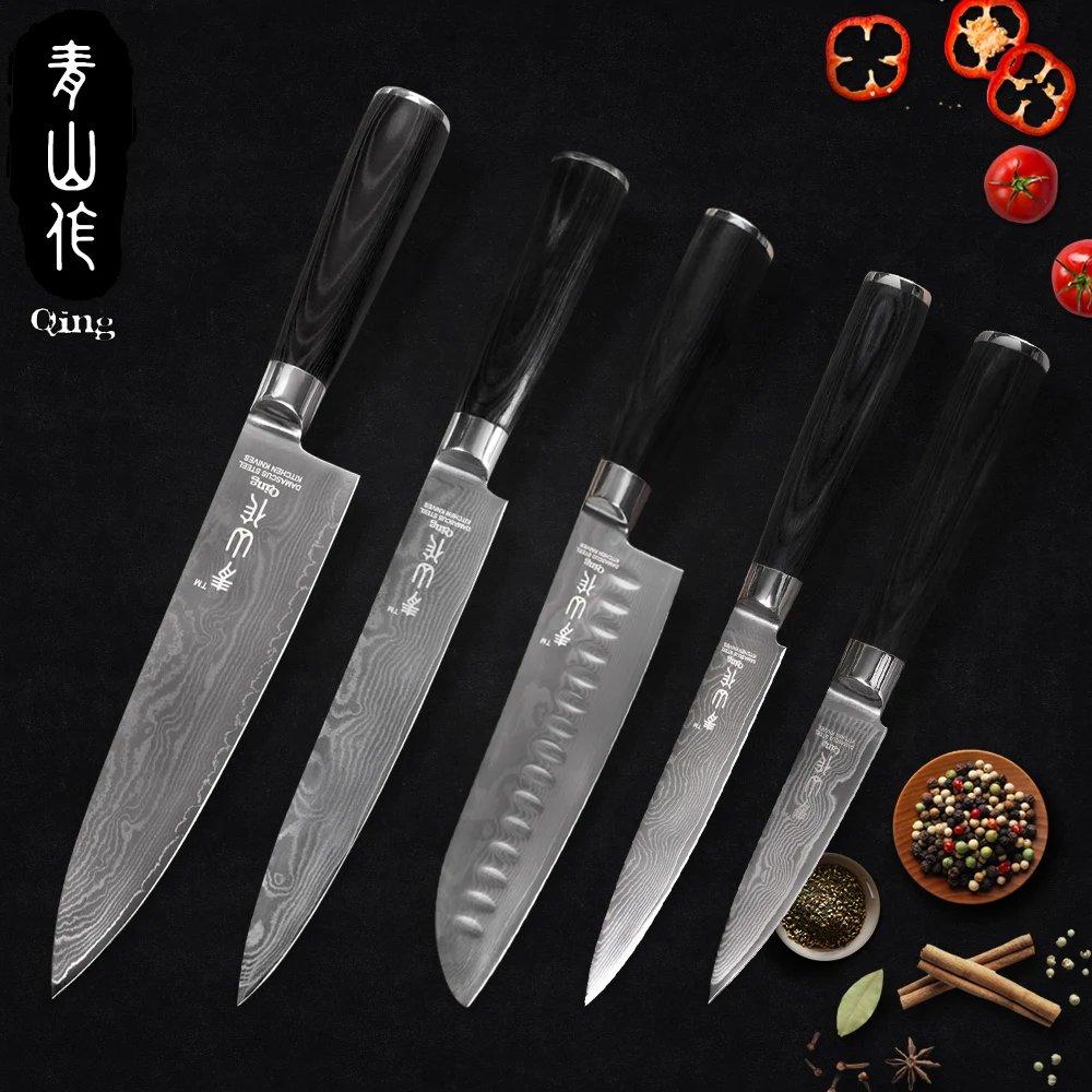 

QING Damascus Kitchen Knives Set 8" 8" 7" 5" 3.5" Chef Slicing Santoku Utility Paring Knife 5-Piece Set Color Wood Handle Knives