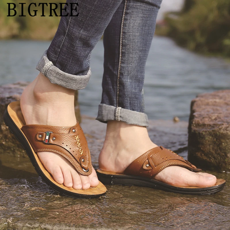 

Men's Slippers And Flip Flops Beach Slippers Men Sandals Summer Genuine Leather Mens Slippers Outdoor Chinelo Slide Masculino
