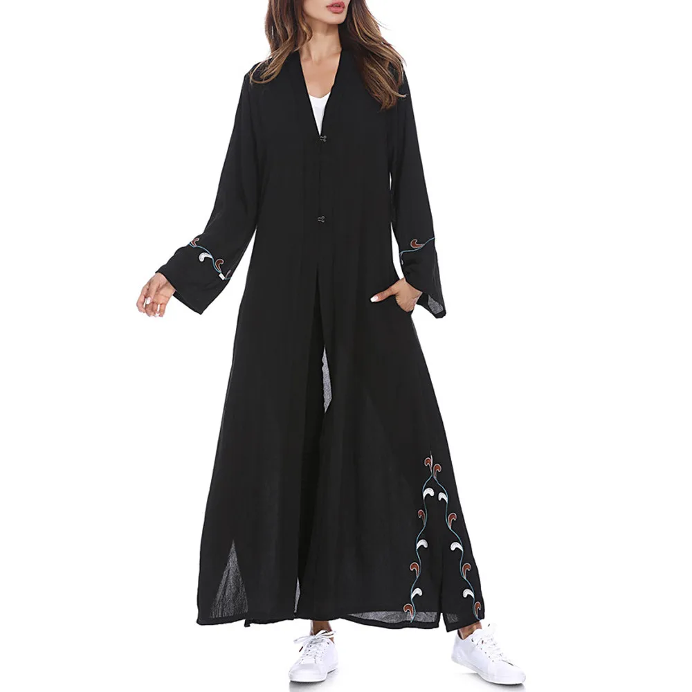 Muslim Women Islamic Embroidered Cardigan Long Coat Middle East Long Robe - Цвет: Black