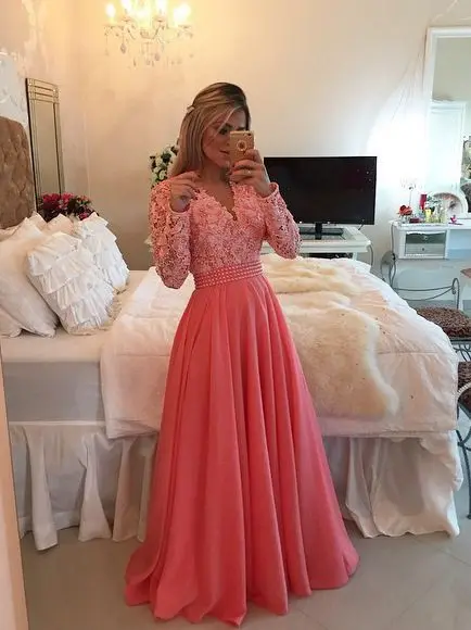 V шеи элегантная Кружевная аппликация коралловый Sexy длинным рукавом Пром Пышное вечернее платье Vestido de festa невесты платья - Цвет: same as pic