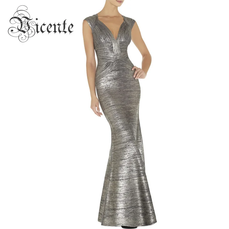 

Vicente HOT Elegant Sexy Vneck Oil Print Embellished Flared Bottom Gown HL Celebrity Maxi Long Bandage Dress