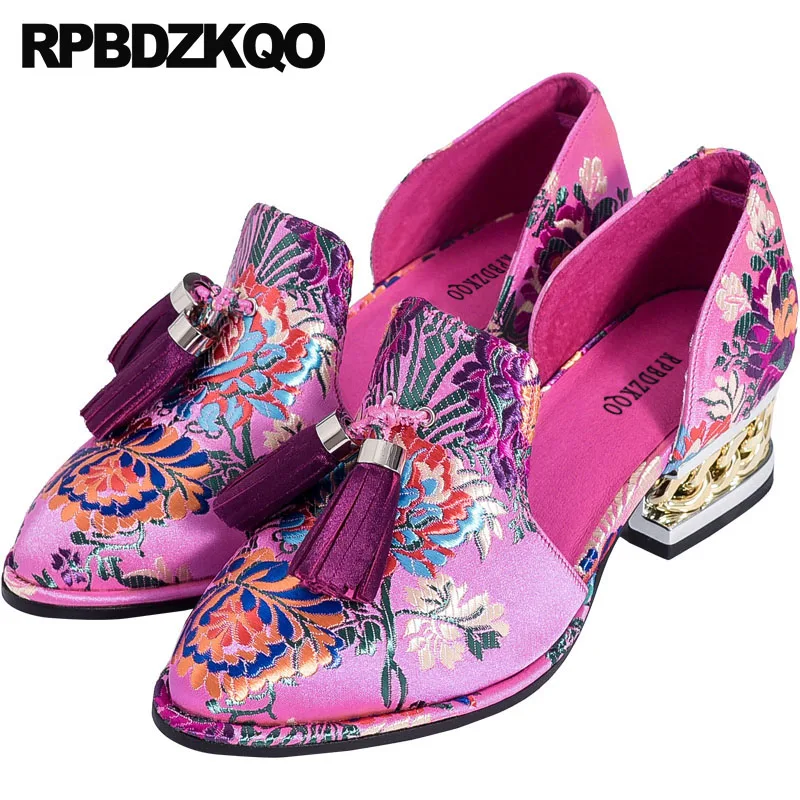 Pink Flower Prom High Quality Pointed Toe Tassel Luxury 2018 Thick Embroidered Size 4 34 Dress Shoes Low Heels Women Medium