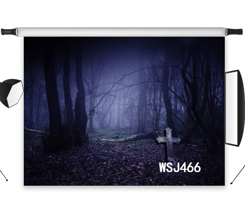 

LB Polyester & Vinyl Dark Foggy Forest Tombstone Halloween Backdrops Background For Photography Studio Backdrop Photo Props