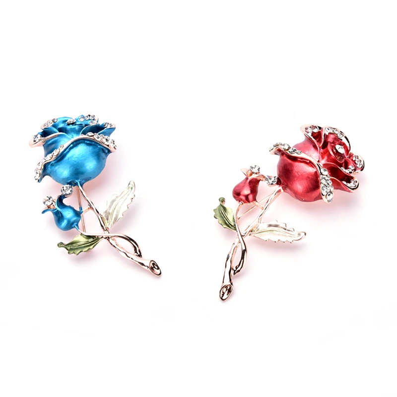 1Pcs Rose Flower Rhinestone Brooch Red Blue Colors Garment Accessories Women Pin Wedding Bridal Luxury Decorative