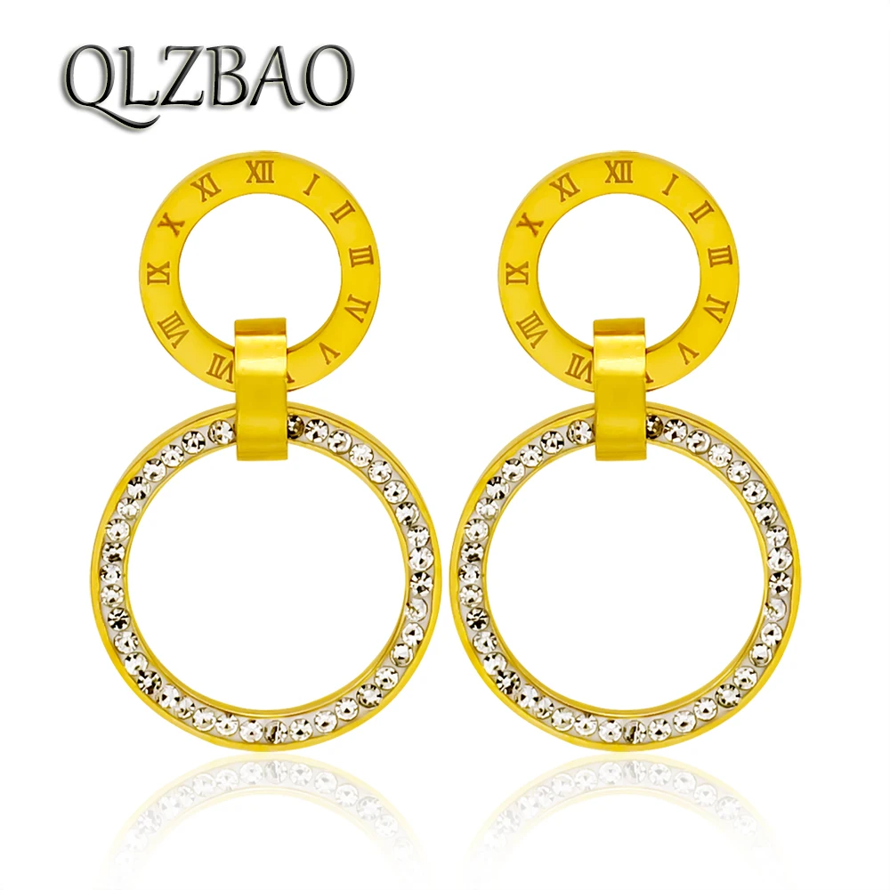 QLZBAO большие круглые гвоздики серьги Мода геометрический Нержавеющая сталь в римском стиле серьги с числами для женские модные Кристаллы ювелирные изделия