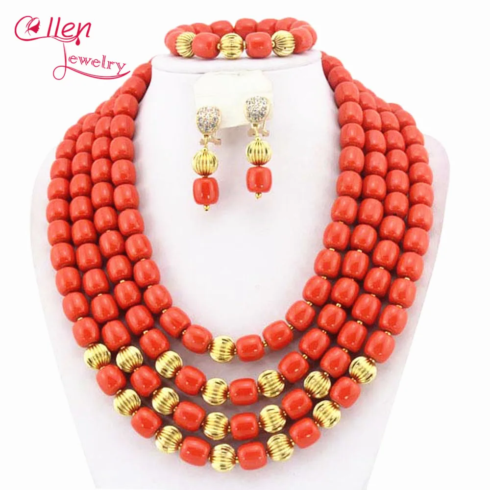 Orange African Coral Jewelry Set Coral Beads Necklace Set Nigerian