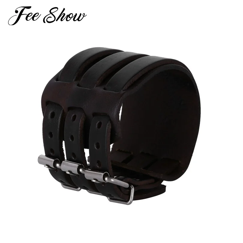 Coffee Mens Fashion Punk Faux Leather Adjustable Wide Triple Strap Cuff