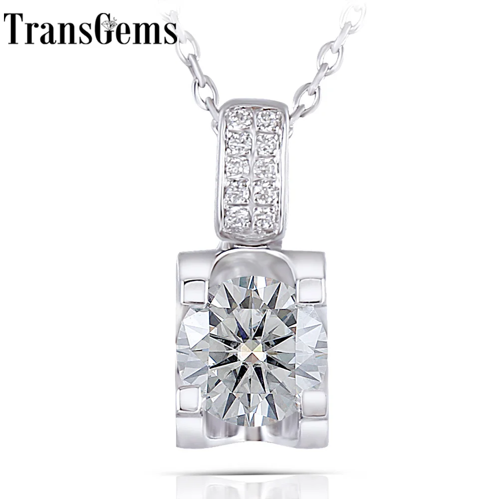 

Transgems Moissanite Sterling Pendant Necklace for Women Platinum Plated Silver 1ct 6.5MM H Color Pendant Necklace with Accents