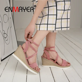 

ENMAYER 2019 Women New Arrival Fashion High Heel Sandals Solid Flock Gladiator Shoes Women Casual Size 34-43 LY1710