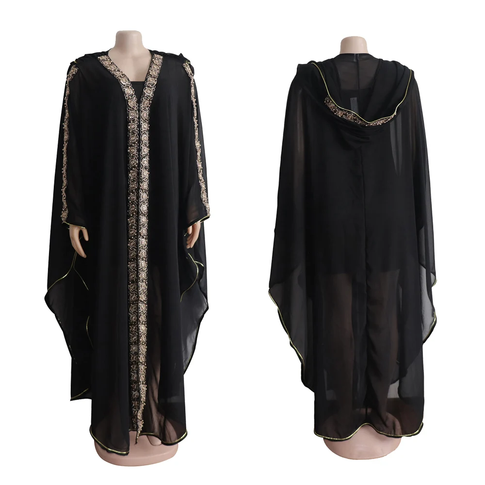 Fadzeco African Dresses For Women Traditional Two-piece Design Bazin Chiffon Gold Rim Decoration Hooded Dashiki Dress | Тематическая