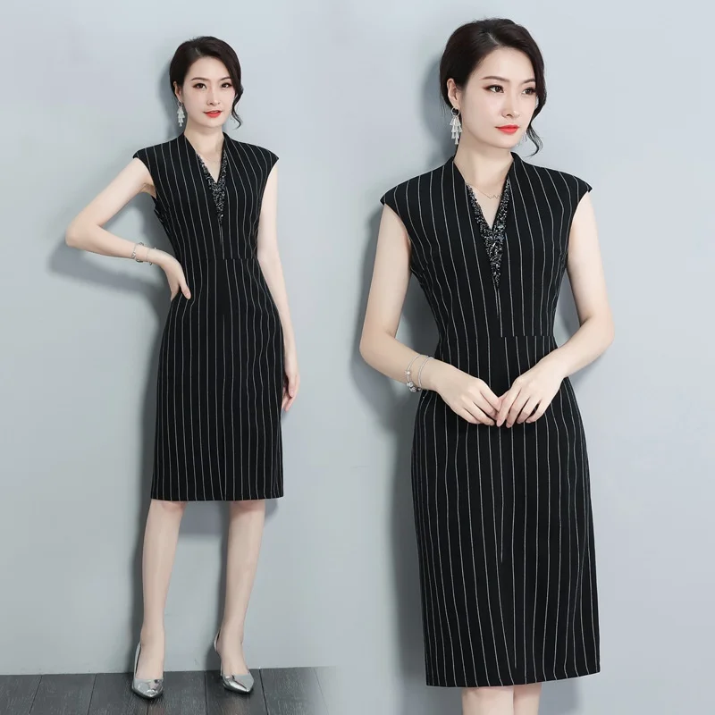 

Женское платье в полоску, офисное платье средней длины с коротким рукавом и треугольным вырезом, DD2095, 2019