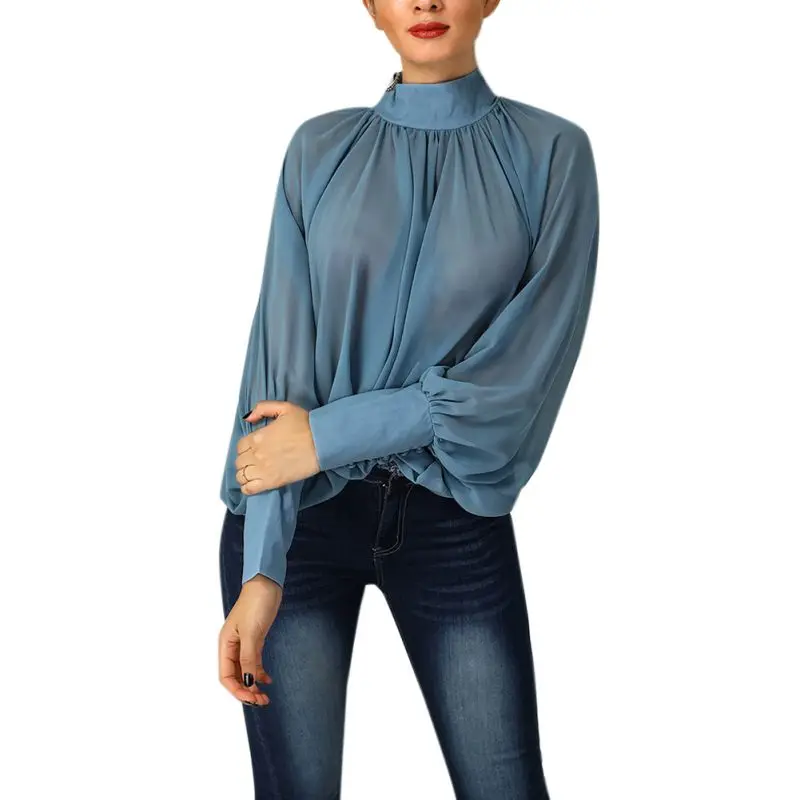 Fashion Batwing Long Sleeve Women Chiffon Blouse Turtleneck Solid Casual Loose Womens Tops and Blouses Feminina Tops 2019
