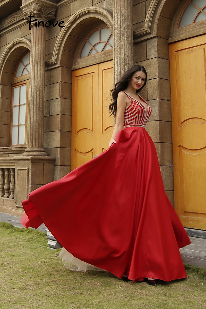 Finove Новое светоотражающее платье Элегантное красное вечернее платье очаровательное Кристальное вышитое бисером сексуальное с v-образным вырезом без спинки Формальное бальное платье
