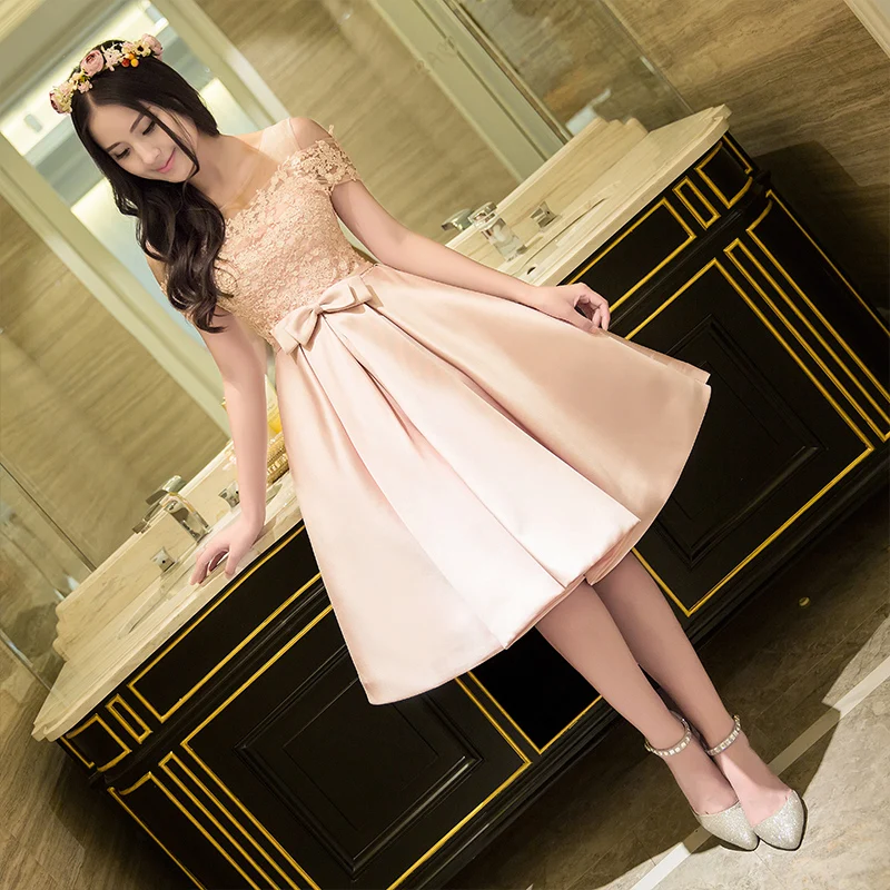 Распродажа милое Розовое Кружевное атласное короткое вечернее платье А-силуэта для банкета, вечерние платья для невесты, светоотражающее платье
