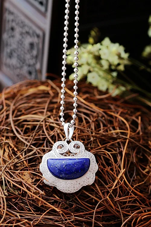 Ретро тайский серебряный S925 стерлингового серебра вырез замок ручной работы натуральный Лазурит серебряный кулон замок Для женщин