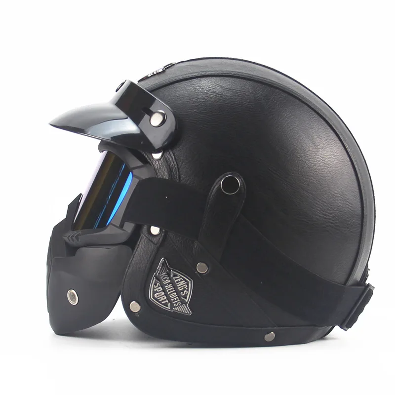 Шлем из искусственной кожи с открытым лицом, мотоциклетный шлем, винтажный мотоциклетный головной убор, шлем Casco - Цвет: black
