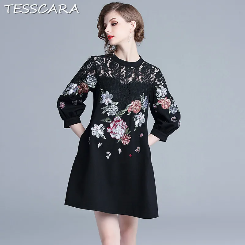TESSCARA, женское весенне-осеннее элегантное кружевное платье, праздничное, женское, высокое качество, дизайнерское, офисное, вечерние, Vestidos, винтажное, женское платье - Цвет: Black