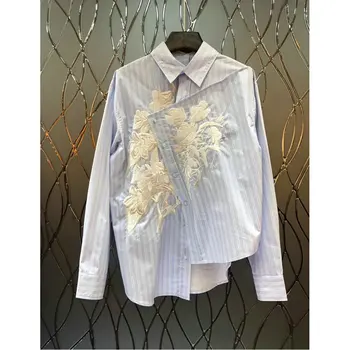 

High Quality Women Striped Flower Eembroidery Shirt Irregular Designer Long Sleeve Turn Down Collar blusas femininas