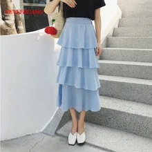 Корейский Миди-юбки летний Для женщин Высокая Талия Длинные многослойные юбки синий черный плед сладкий Saia L1603