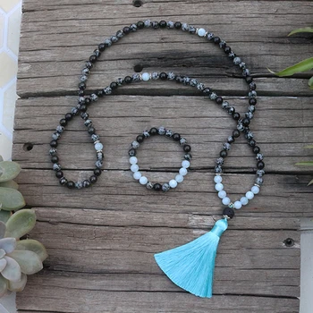 

8mm Natural Stone Beads, Snowflake Obsidian, Aquamarine, JapaMala Sets,Spiritual Jewelry,Meditation,Inspirational,108 Mala Beads