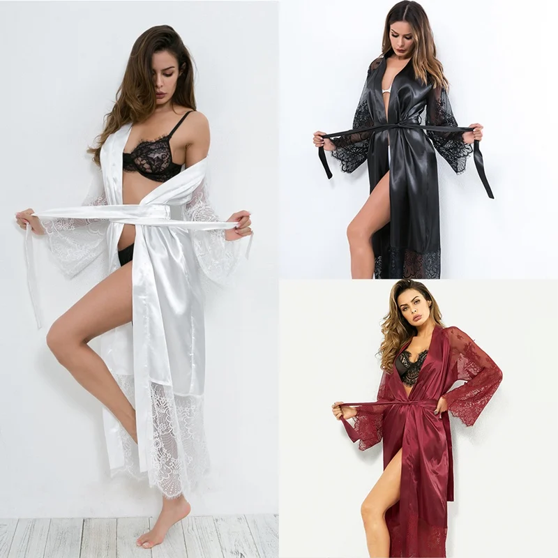

Liva Girl Y123 Sexy Ice Silk Long Robe Lace long-sleeved Pajamas