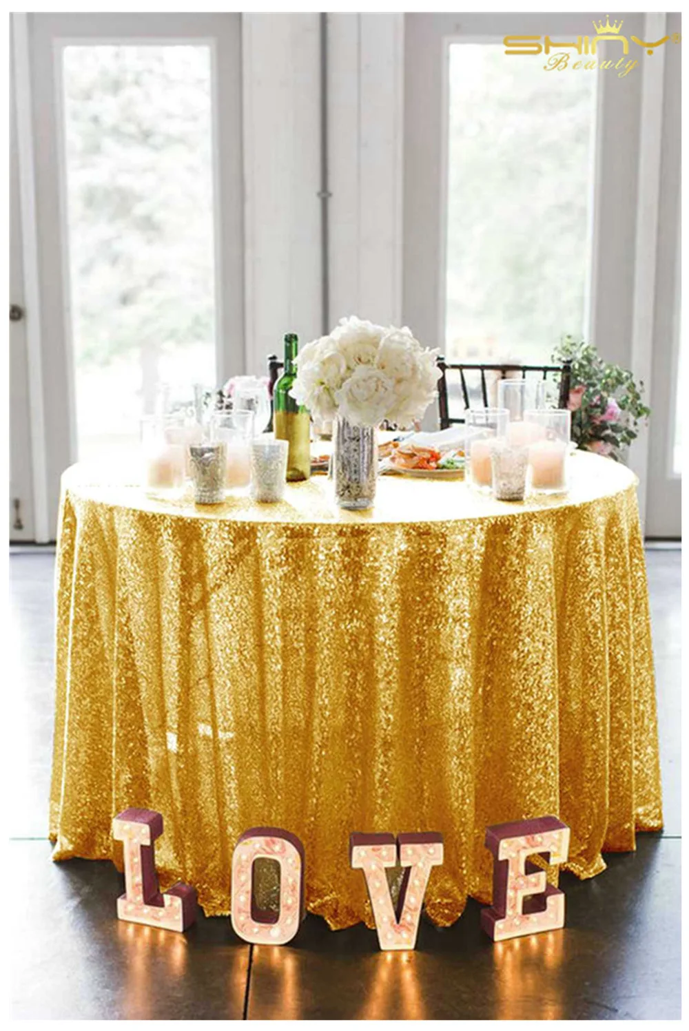 120inch Round Sequin Table Overlay, Gold Sequin Tablecloth for Wedding